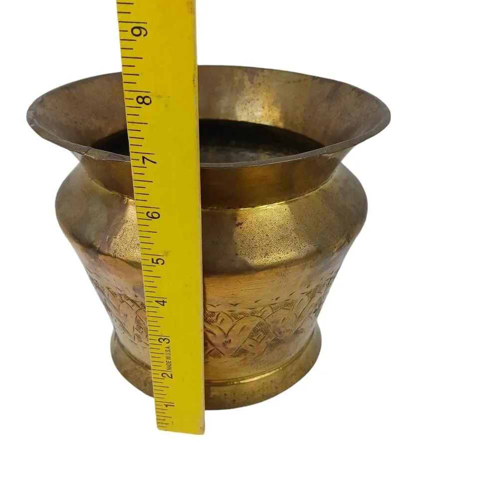 Etched Brass Planter Vase Floral Design Decorative Metal Home Decor 7